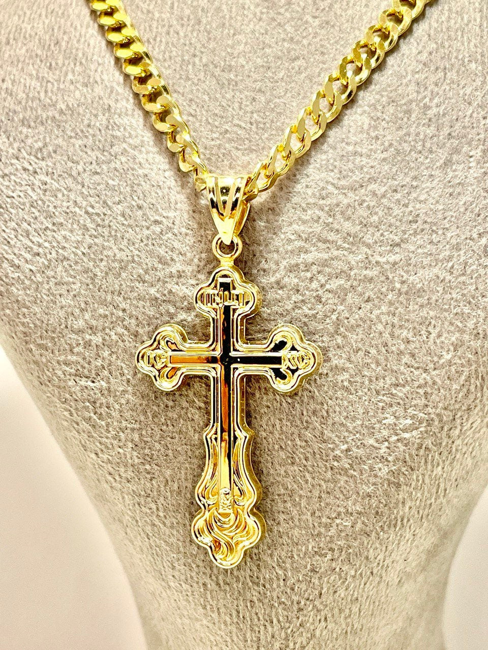 18K GOLD CROSS NECKLACE Real Solid Gold Curb Chain4.5mmThick,Real Gold,Birthday Gift,Christmas Gift,For Him/Her,Gift For Mom,Boyfriend Gift.