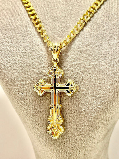 18K GOLD CROSS NECKLACE Real Solid Gold Curb Chain4.5mmThick,Real Gold,Birthday Gift,Christmas Gift,For Him/Her,Gift For Mom,Boyfriend Gift.