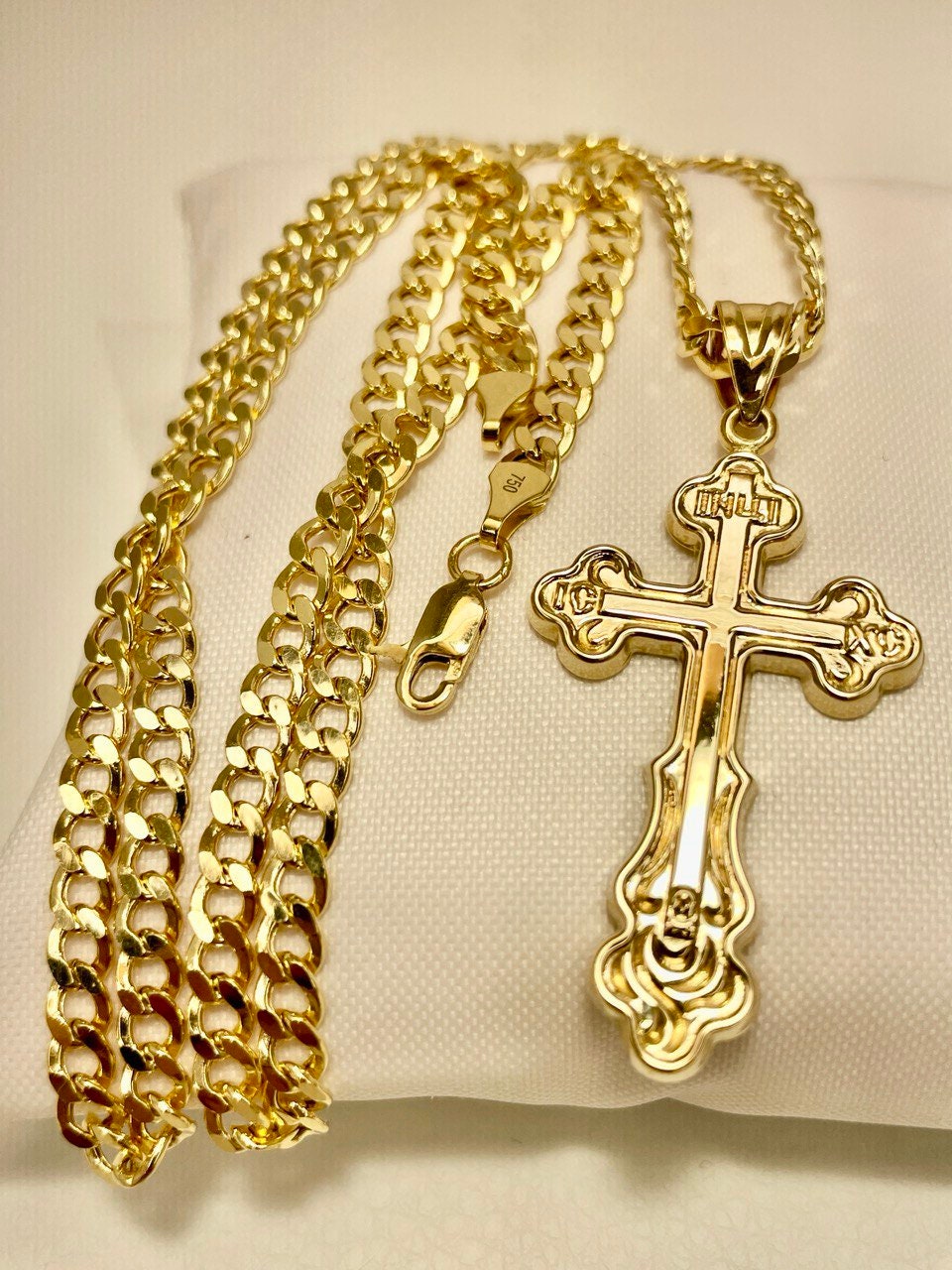 18K GOLD CROSS NECKLACE Real Solid Gold Curb Chain4.5mmThick,Real Gold,Birthday Gift,Christmas Gift,For Him/Her,Gift For Mom,Boyfriend Gift.