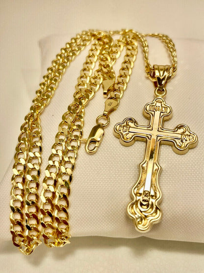 18K GOLD CROSS NECKLACE Real Solid Gold Curb Chain4.5mmThick,Real Gold,Birthday Gift,Christmas Gift,For Him/Her,Gift For Mom,Boyfriend Gift.