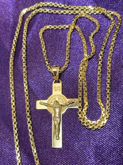 18K GOLD CROSS NECKLACE ,Real Gold,Crucifix necklace,Jesus Cross,Round box Cross,For Him, For Her,Gift for Dad,Gift For Mom,Birthday Gift.