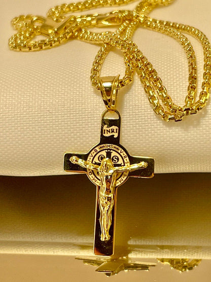 18K GOLD CROSS NECKLACE ,Real Gold,Crucifix necklace,Jesus Cross,Round box Cross,For Him, For Her,Gift for Dad,Gift For Mom,Birthday Gift.