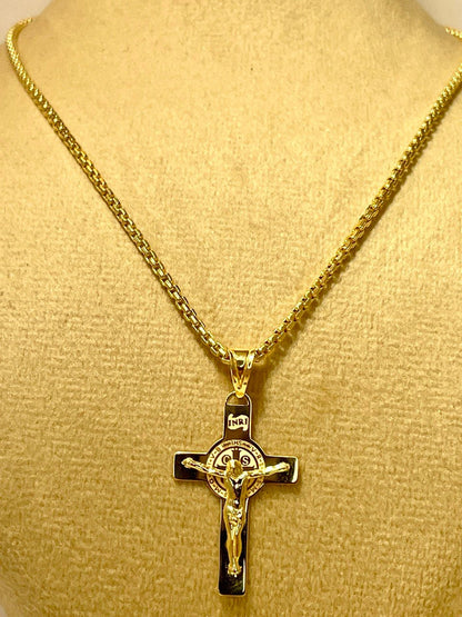 18K GOLD CROSS NECKLACE ,Real Gold,Crucifix necklace,Jesus Cross,Round box Cross,For Him, For Her,Gift for Dad,Gift For Mom,Birthday Gift.