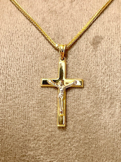 18K GOLD CROSS NECKLACE ,Jesus Cross,Real Gold,Franco Necklace Cross,crucifix Necklace,For Him,For Her,Birthday Gift,Christmas Gift.
