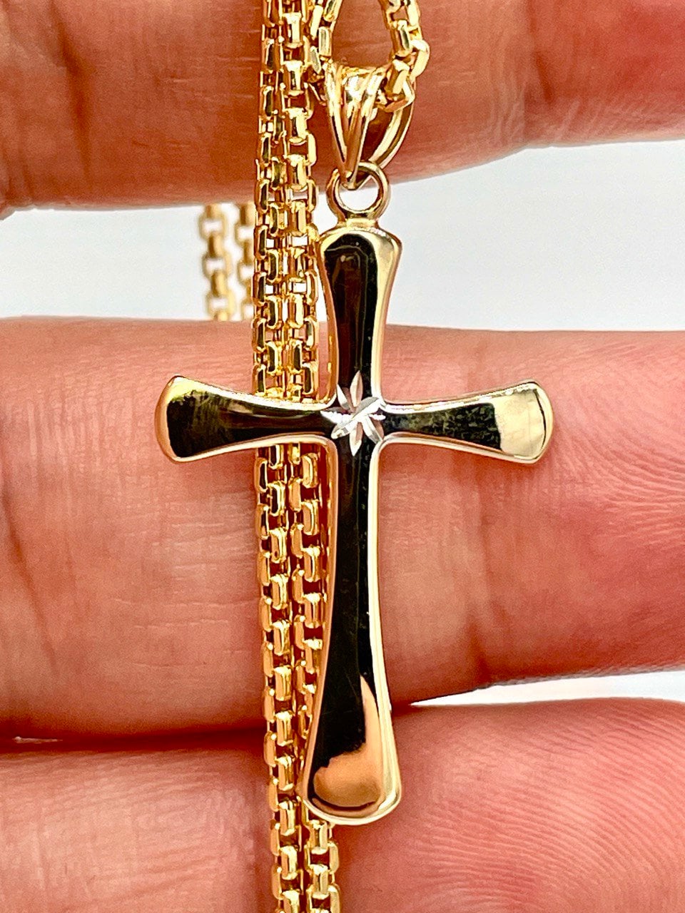 18K GOLD CROSS NECKLACE,Real Gold,Round Box Necklace Chain,fOR Him,For Her,Birthday Gift,Cristmas Gift,Gift For Dad,Gift For Mom.