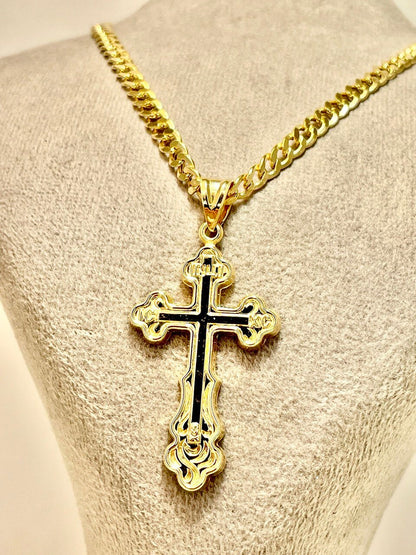 18K GOLD CROSS NECKLACE Real Solid Gold Curb Chain4.5mmThick,Real Gold,Birthday Gift,Christmas Gift,For Him/Her,Gift For Mom,Boyfriend Gift.