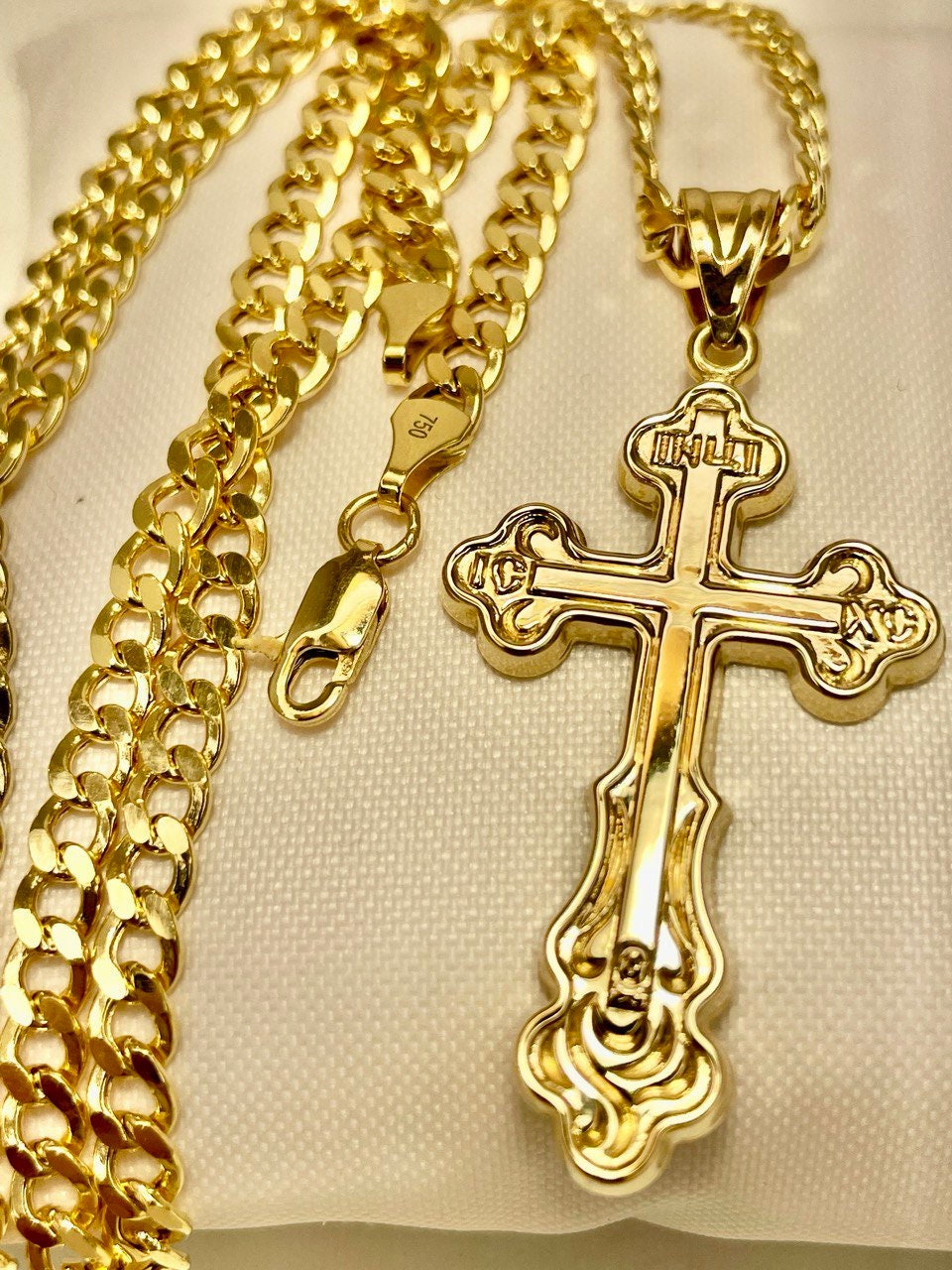 18K GOLD CROSS NECKLACE Real Solid Gold Curb Chain4.5mmThick,Real Gold,Birthday Gift,Christmas Gift,For Him/Her,Gift For Mom,Boyfriend Gift.