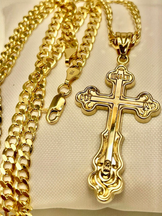 18K GOLD CROSS NECKLACE Real Solid Gold Curb Chain4.5mmThick,Real Gold,Birthday Gift,Christmas Gift,For Him/Her,Gift For Mom,Boyfriend Gift.
