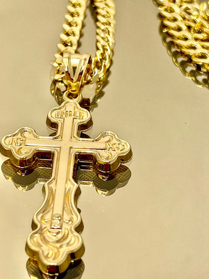 18K GOLD CROSS NECKLACE Real Solid Gold Curb Chain4.5mmThick,Real Gold,Birthday Gift,Christmas Gift,For Him/Her,Gift For Mom,Boyfriend Gift.