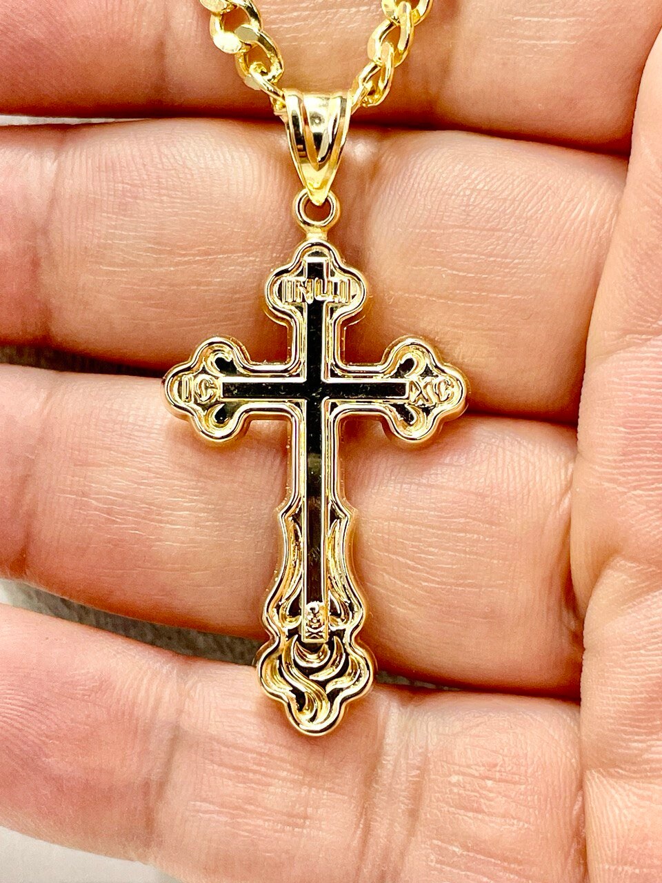 18K GOLD CROSS NECKLACE Real Solid Gold Curb Chain4.5mmThick,Real Gold,Birthday Gift,Christmas Gift,For Him/Her,Gift For Mom,Boyfriend Gift.