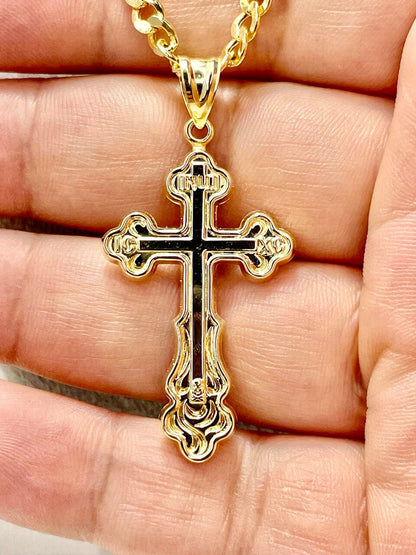 18K GOLD CROSS NECKLACE Real Solid Gold Curb Chain4.5mmThick,Real Gold,Birthday Gift,Christmas Gift,For Him/Her,Gift For Mom,Boyfriend Gift.