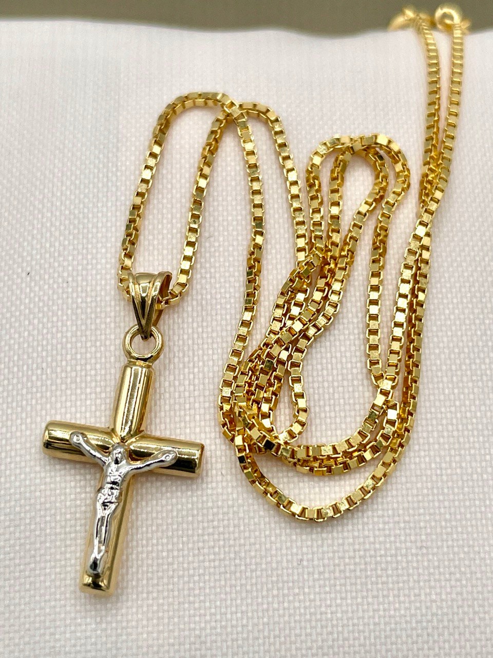 18K GOLD CROSS NECKLACE Real Gold,Jesus Cross,Crucifix Necklace,Box Necklace,Necklace Set,For Her,For Him,Birthday Gift,Gift For Dad.