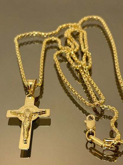18K GOLD CROSS NECKLACE ,Real Gold,Crucifix necklace,Jesus Cross,Round box Cross,For Him, For Her,Gift for Dad,Gift For Mom,Birthday Gift.