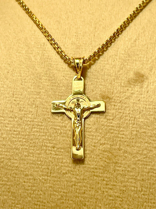 18K GOLD CROSS NECKLACE ,Real Gold,Crucifix necklace,Jesus Cross,Round box Cross,For Him, For Her,Gift for Dad,Gift For Mom,Birthday Gift.