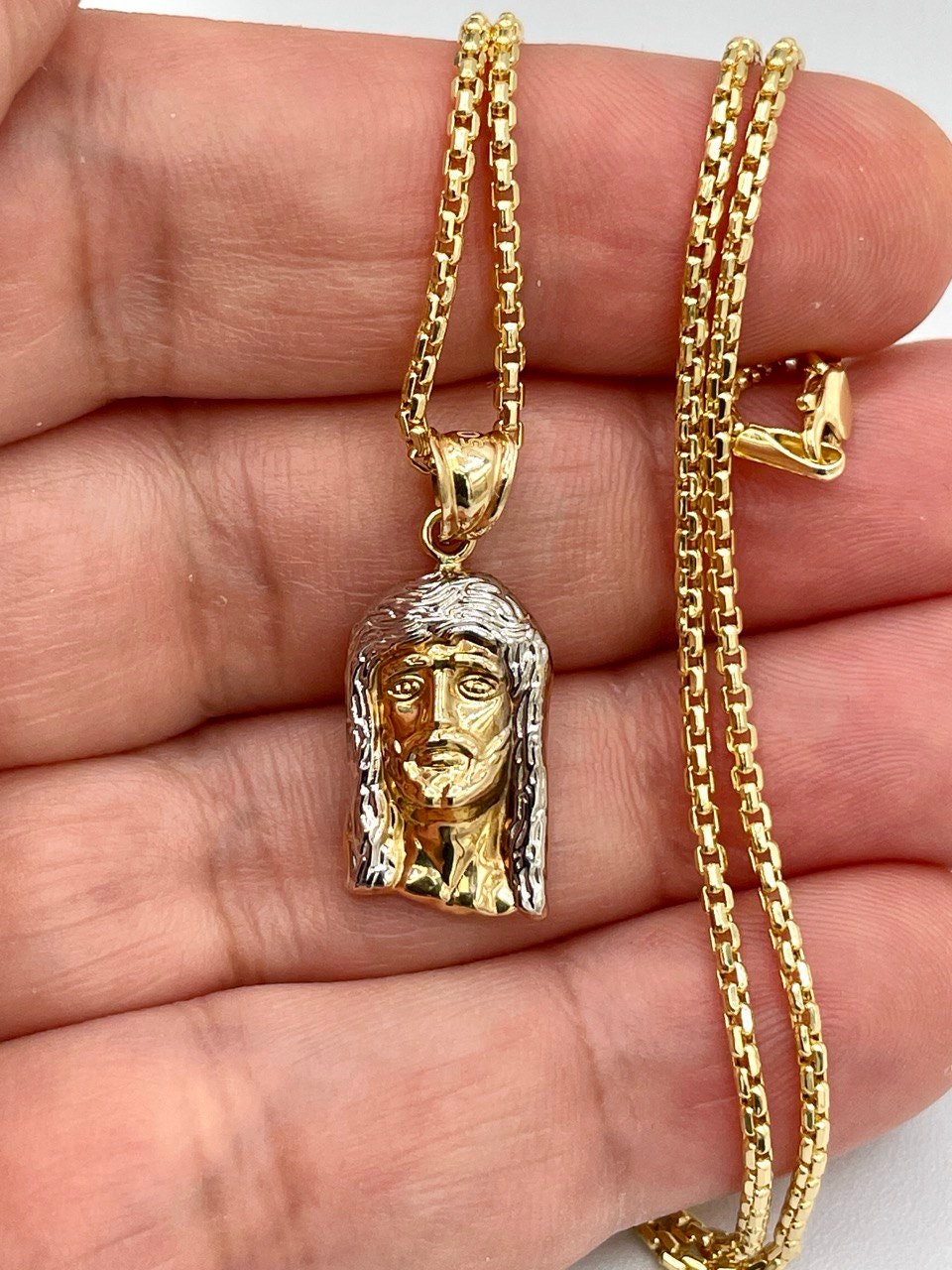 18K GOLD JESUS(1")NECKLACE,Real Gold,Ruond Box(1.5mm),Birthday Gift,Christmas Gift,For Her,For Him,Gift For Mom,Gift For Dad,Boyfriend Gift.
