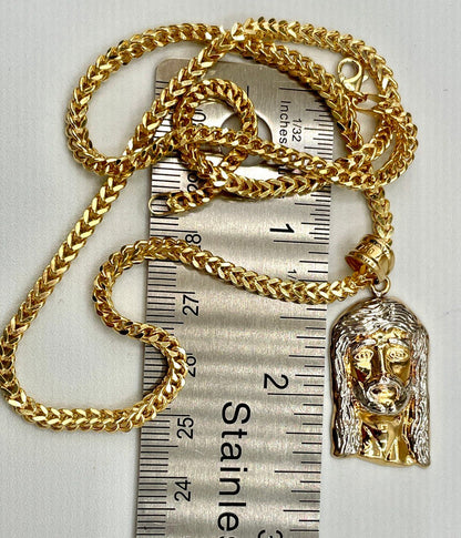 18K GOLD JESUS(1.5")NECKLACE,Franco(3.5mm),Solid Gold,Real Gold,For Her,For Him,Birthday Gift,Christmas Gift,Partner Gift,Gift For Dad.