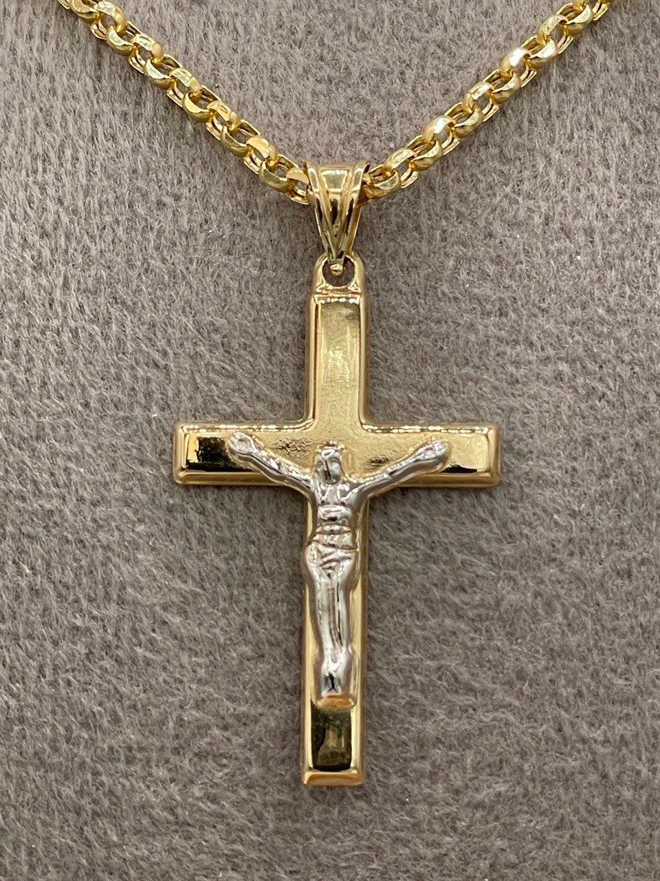 18K GOLD CROSS(1.5")NECKLACE Chain,Rolo(2.3mm),Solid Gold,Real Gold,Crucifix Necklace,Jesus Cross Necklace,Necklace Set,For Her,For Him.