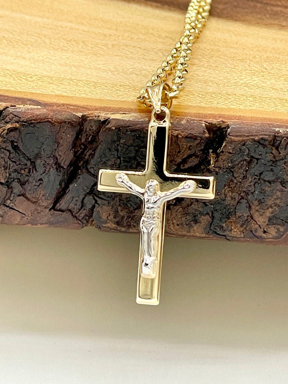 18K GOLD CROSS(1.5")NECKLACE Chain,Rolo(2.3mm),Solid Gold,Real Gold,Crucifix Necklace,Jesus Cross Necklace,Necklace Set,For Her,For Him.