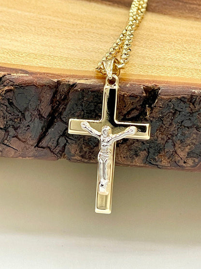 18K GOLD CROSS(1.5")NECKLACE Chain,Rolo(2.3mm),Solid Gold,Real Gold,Crucifix Necklace,Jesus Cross Necklace,Necklace Set,For Her,For Him.