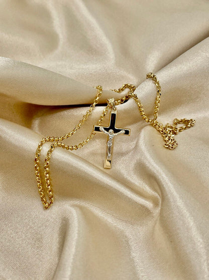 18K GOLD CROSS(1.5")NECKLACE Chain,Rolo(2.3mm),Solid Gold,Real Gold,Crucifix Necklace,Jesus Cross Necklace,Necklace Set,For Her,For Him.