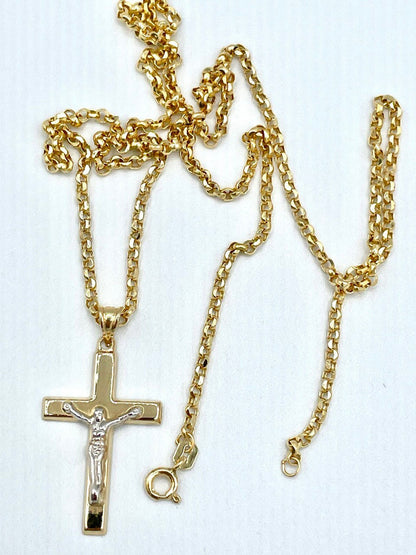 18K GOLD CROSS(1.5")NECKLACE Chain,Rolo(2.3mm),Solid Gold,Real Gold,Crucifix Necklace,Jesus Cross Necklace,Necklace Set,For Her,For Him.