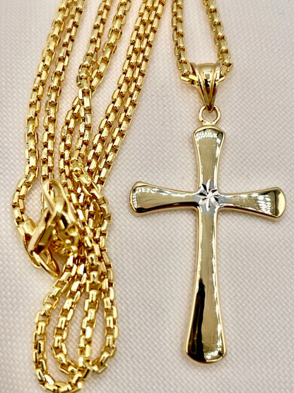18K GOLD CROSS NECKLACE,Real Gold,Round Box Necklace Chain,fOR Him,For Her,Birthday Gift,Cristmas Gift,Gift For Dad,Gift For Mom.