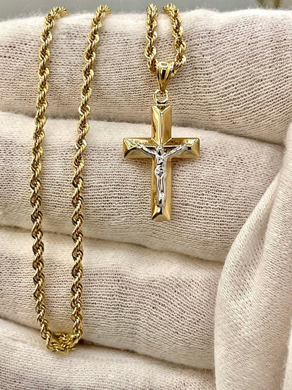 18K GOLD CROSS1" NECKLACE,Rope Chain,Real Gold,Jesus Cross,Crucifix Necklace,Birthday Gift,Partner Gift,For Her,For Him,Christmas Gift.