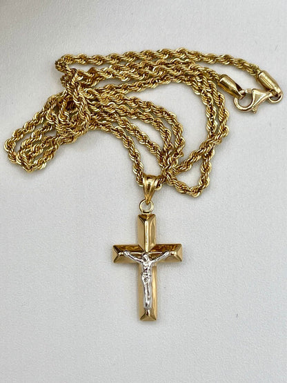 18K GOLD CROSS1" NECKLACE,Rope Chain,Real Gold,Jesus Cross,Crucifix Necklace,Birthday Gift,Partner Gift,For Her,For Him,Christmas Gift.