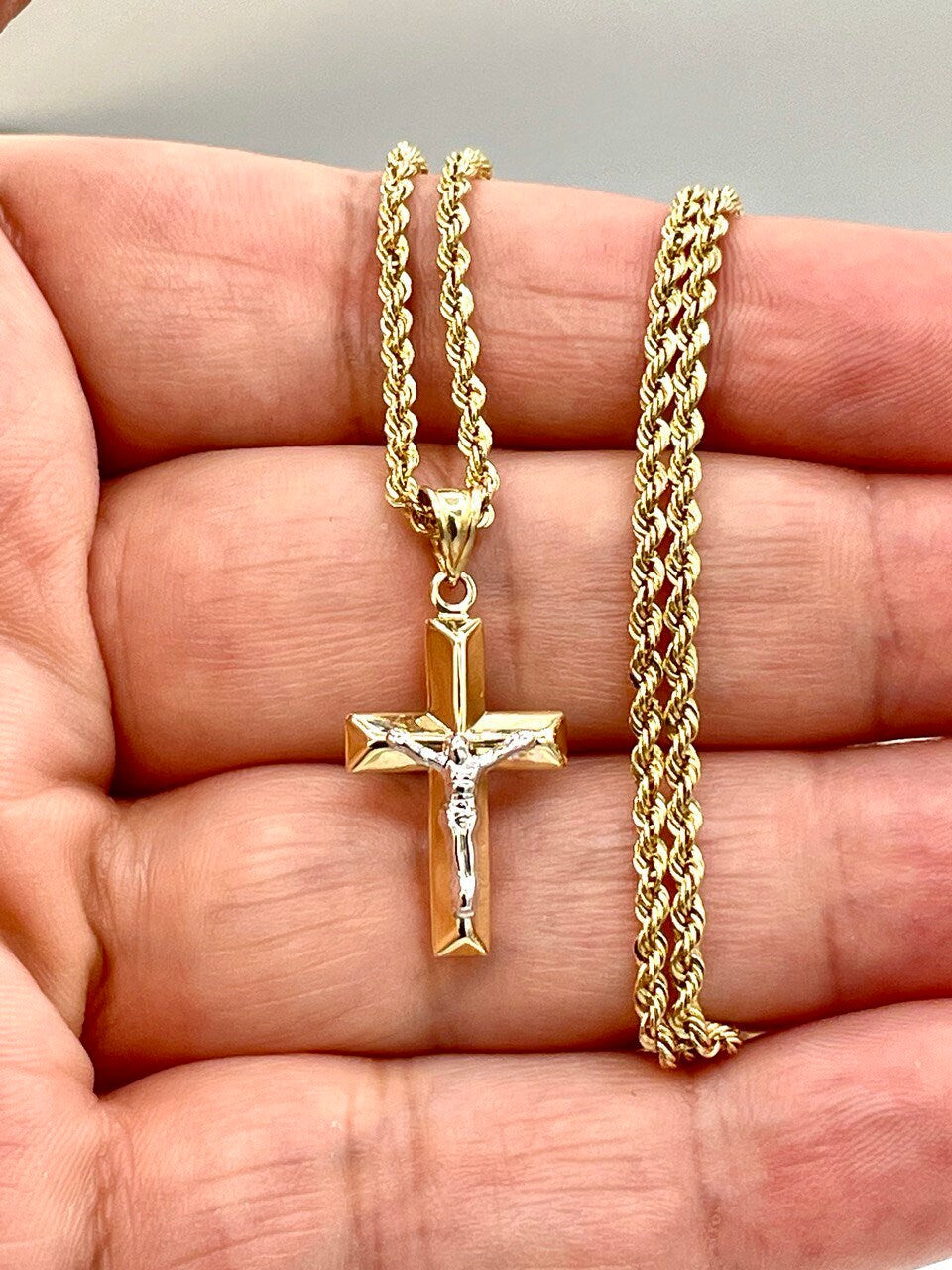 18K GOLD CROSS1" NECKLACE,Rope Chain,Real Gold,Jesus Cross,Crucifix Necklace,Birthday Gift,Partner Gift,For Her,For Him,Christmas Gift.