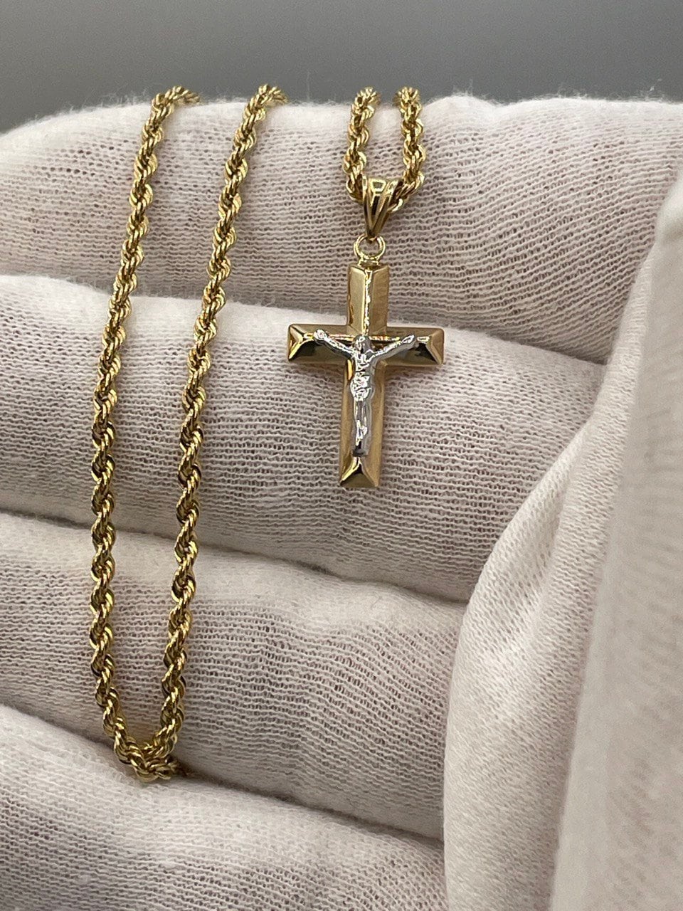 18K GOLD CROSS1" NECKLACE,Rope Chain,Real Gold,Jesus Cross,Crucifix Necklace,Birthday Gift,Partner Gift,For Her,For Him,Christmas Gift.