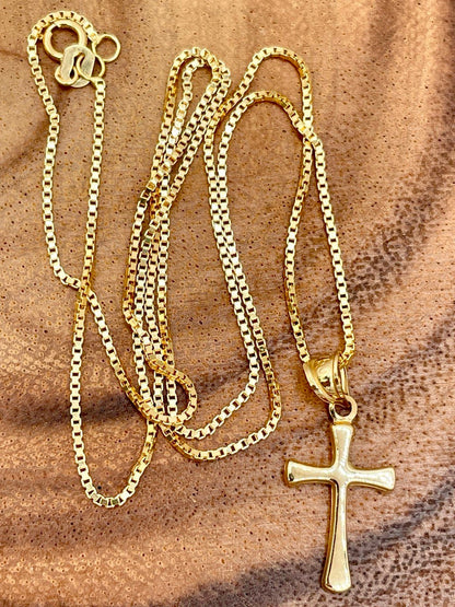 18K GOLD CROSS NECKLACE,Box Chain(1mm),Real Gold,Birthday Gift,Partner Gift,For Her,For Him,Christmas Gift,Set Necklace,Gift For Dad.