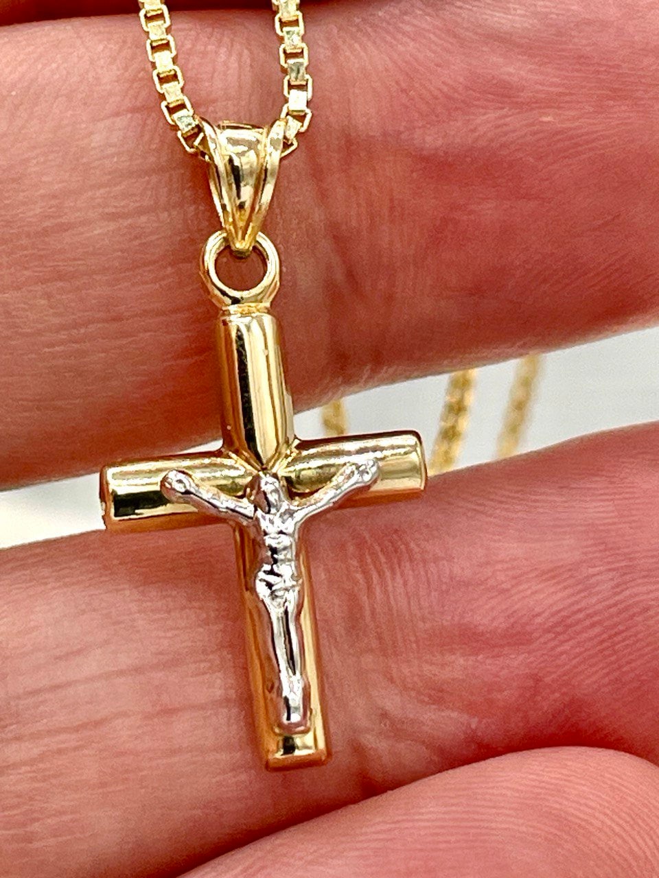 18K GOLD CROSS NECKLACE Real Gold,Jesus Cross,Crucifix Necklace,Box Necklace,Necklace Set,For Her,For Him,Birthday Gift,Gift For Dad.