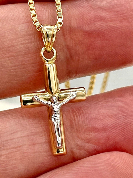18K GOLD CROSS NECKLACE Real Gold,Jesus Cross,Crucifix Necklace,Box Necklace,Necklace Set,For Her,For Him,Birthday Gift,Gift For Dad.