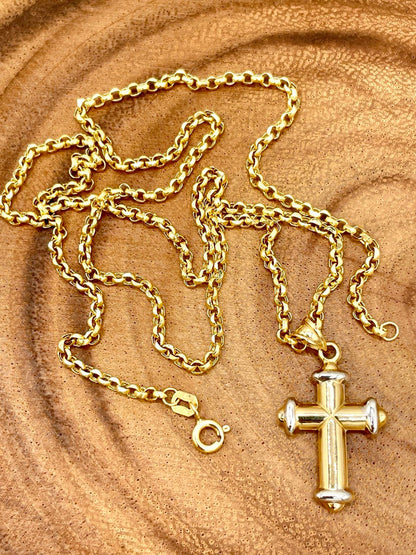 18K GOLD CROSS(1") NECKLACE,Rolo Necklace,Real Gold,Yellow Gold,Birthday Gift,Partner Gift,For Her,For Him,Christmas Gift,Gift For Dad.