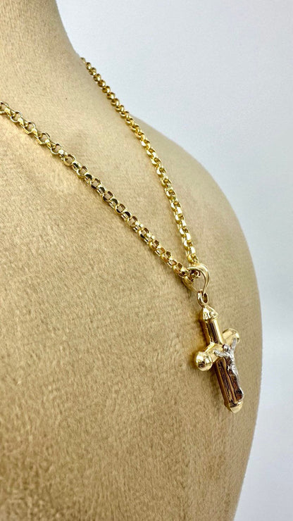 18K GOLD CROSS(1") NECKLACE,Rolo Chain Necklace,Real Gold,Jesus Cross,Crucifix Necklace,Diamond Cut Rolo,Partner Gift,Birthday Gift,For Her.