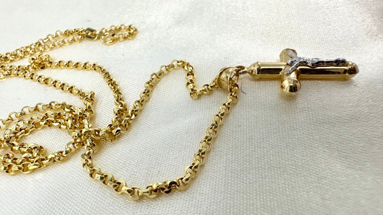 18K GOLD CROSS(1") NECKLACE,Rolo Chain Necklace,Real Gold,Jesus Cross,Crucifix Necklace,Diamond Cut Rolo,Partner Gift,Birthday Gift,For Her.