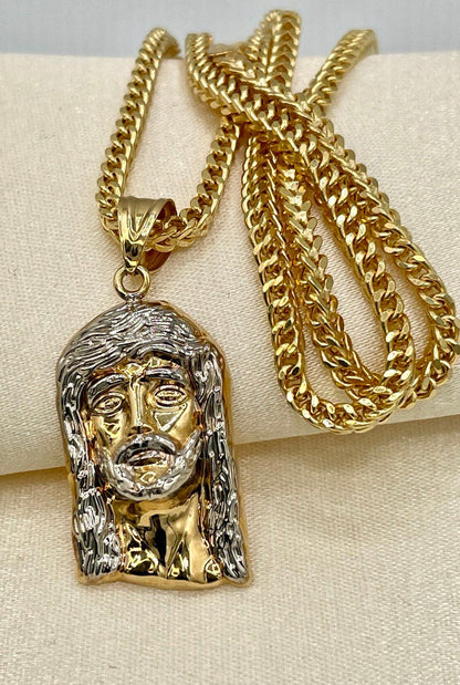18K GOLD JESUS(1.5")NECKLACE,Franco(3.5mm),Solid Gold,Real Gold,For Her,For Him,Birthday Gift,Christmas Gift,Partner Gift,Gift For Dad.