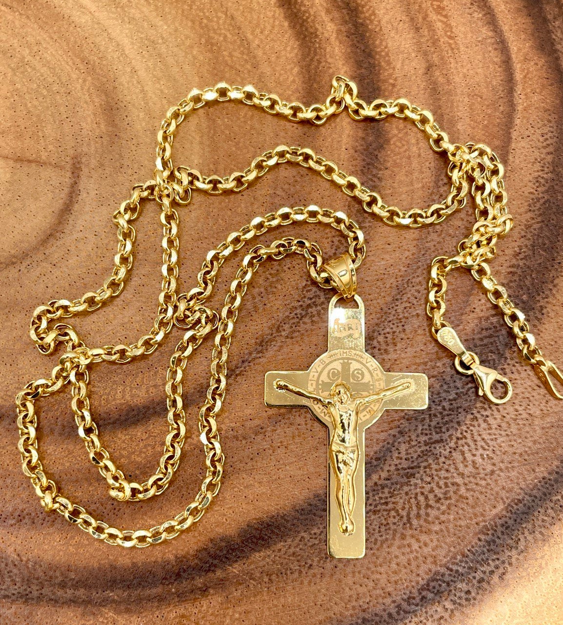 18 Karat Gold Cross(1.65"*1")Necklace,Crucifix Necklace,Cross Jesus,Real 18Karat Gold,Solid Gold,Rolo Diamond Cut,Heavy Cross,For Men/Women.