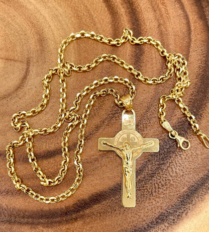 18 Karat Gold Cross(1.65"*1")Necklace,Crucifix Necklace,Cross Jesus,Real 18Karat Gold,Solid Gold,Rolo Diamond Cut,Heavy Cross,For Men/Women.