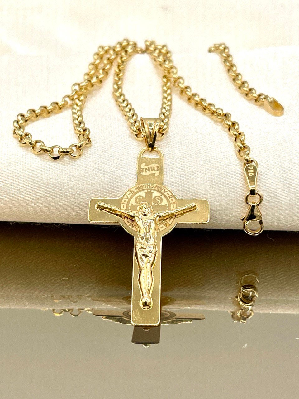 18 Karat Gold Cross(1.65"*1")Necklace,Crucifix Necklace,Cross Jesus,Real 18Karat Gold,Solid Gold,Rolo Diamond Cut,Heavy Cross,For Men/Women.