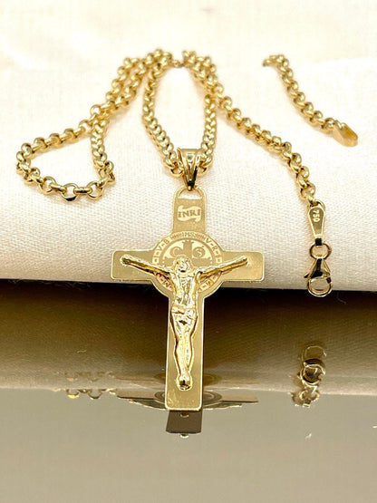 18 Karat Gold Cross(1.65"*1")Necklace,Crucifix Necklace,Cross Jesus,Real 18Karat Gold,Solid Gold,Rolo Diamond Cut,Heavy Cross,For Men/Women.