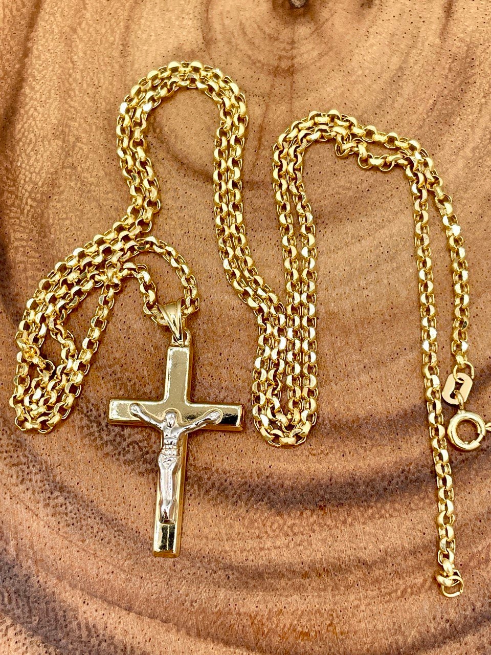 18K GOLD CROSS(1.5")NECKLACE Chain,Rolo(2.3mm),Solid Gold,Real Gold,Crucifix Necklace,Jesus Cross Necklace,Necklace Set,For Her,For Him.