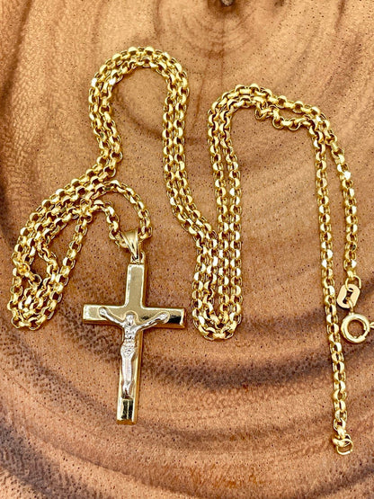 18K GOLD CROSS(1.5")NECKLACE Chain,Rolo(2.3mm),Solid Gold,Real Gold,Crucifix Necklace,Jesus Cross Necklace,Necklace Set,For Her,For Him.