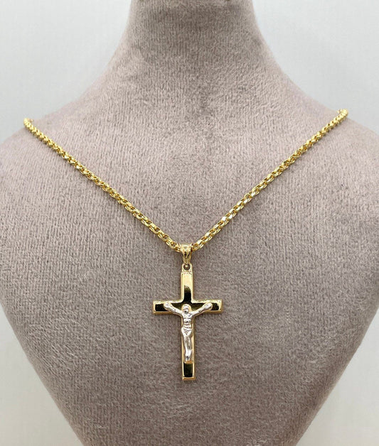18K GOLD CROSS(1.5")NECKLACE Chain,Rolo(2.3mm),Solid Gold,Real Gold,Crucifix Necklace,Jesus Cross Necklace,Necklace Set,For Her,For Him.