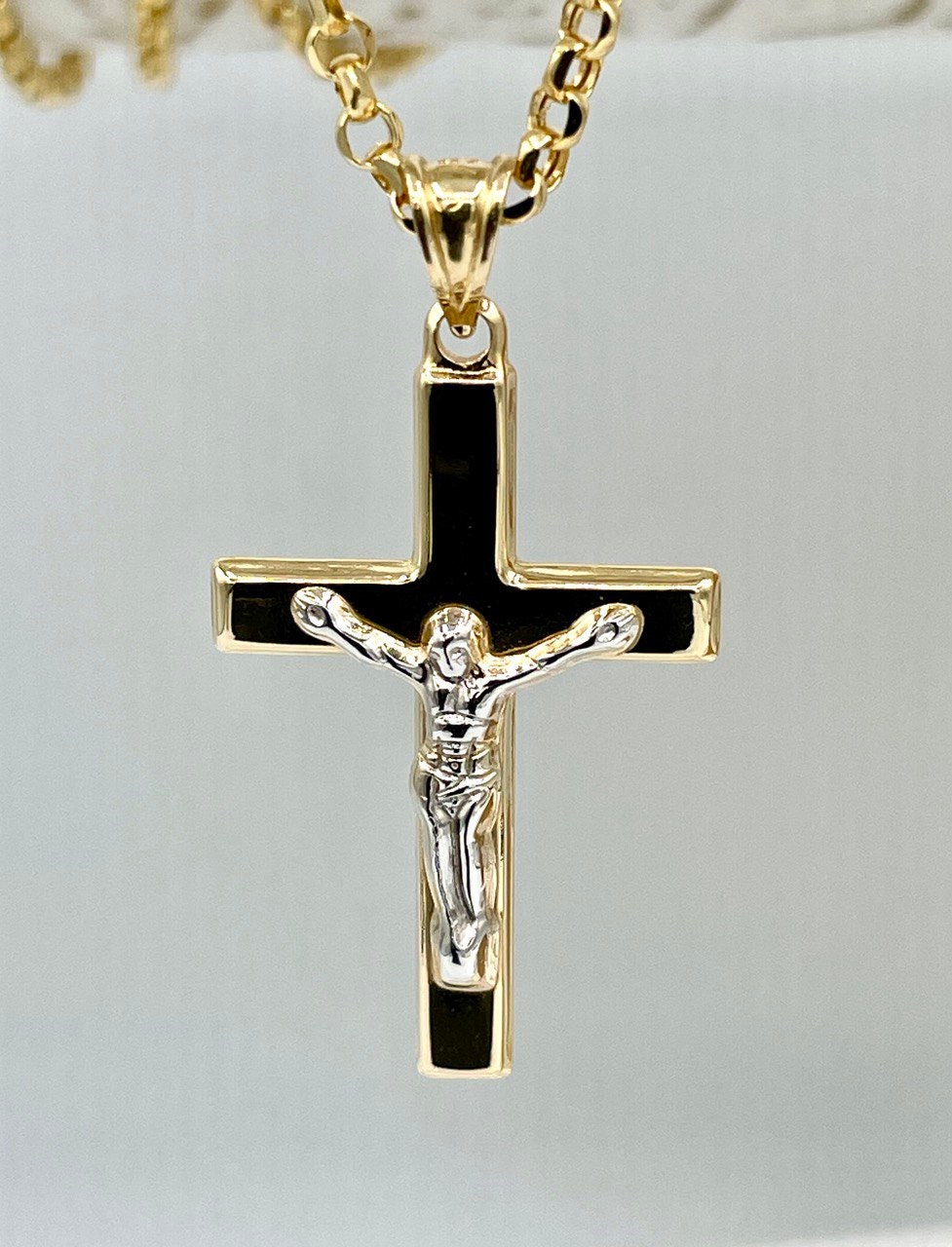 18K GOLD CROSS(1.5")NECKLACE Chain,Rolo(2.3mm),Solid Gold,Real Gold,Crucifix Necklace,Jesus Cross Necklace,Necklace Set,For Her,For Him.