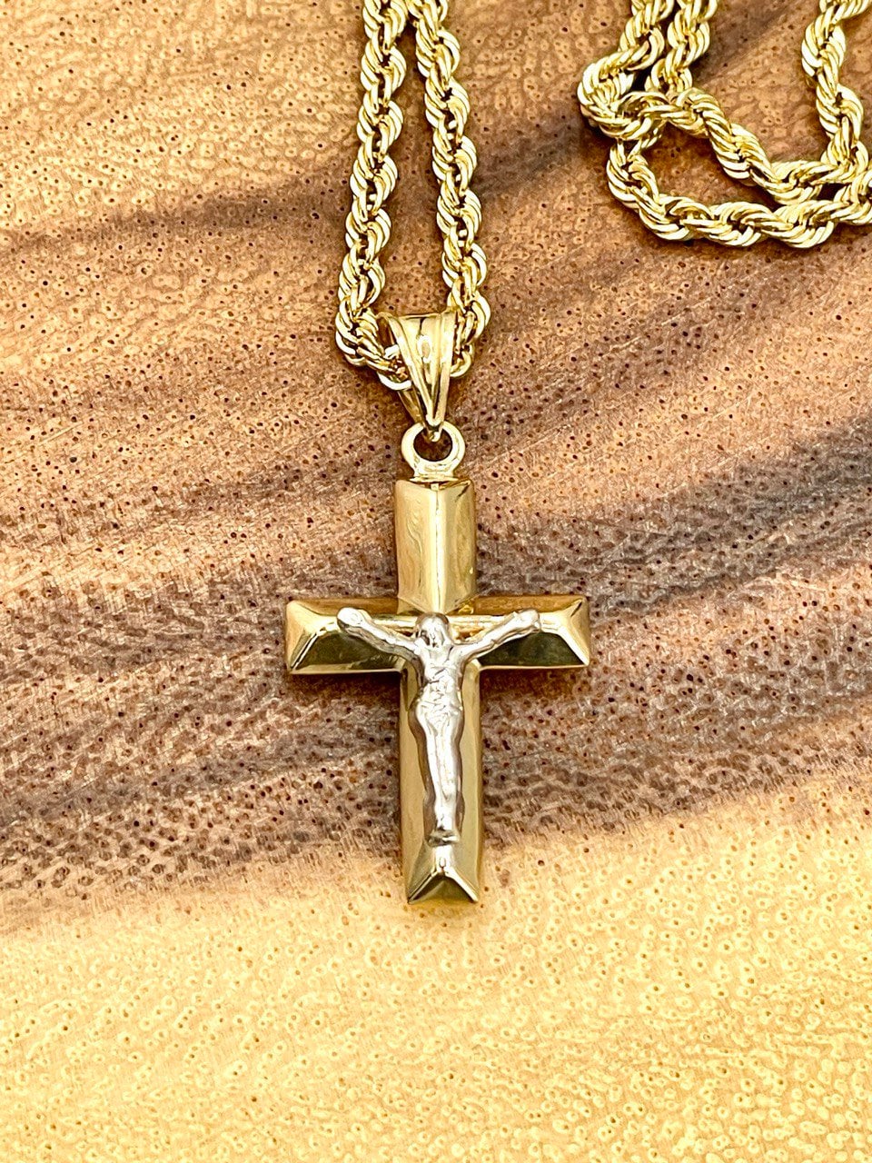 18K GOLD CROSS1" NECKLACE,Rope Chain,Real Gold,Jesus Cross,Crucifix Necklace,Birthday Gift,Partner Gift,For Her,For Him,Christmas Gift.