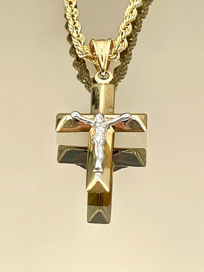 18K GOLD CROSS1" NECKLACE,Rope Chain,Real Gold,Jesus Cross,Crucifix Necklace,Birthday Gift,Partner Gift,For Her,For Him,Christmas Gift.