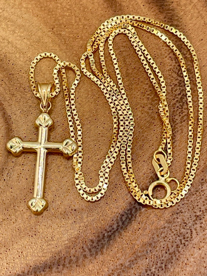 18K Real Solid Gold Cross Necklace 1” – 1mm Box Chain – Unisex Dainty Religious Pendant – Minimalist Christian Gift for Men & Women