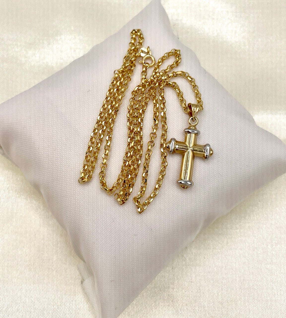 18K GOLD CROSS(1") NECKLACE,Rolo Necklace,Real Gold,Yellow Gold,Birthday Gift,Partner Gift,For Her,For Him,Christmas Gift,Gift For Dad.