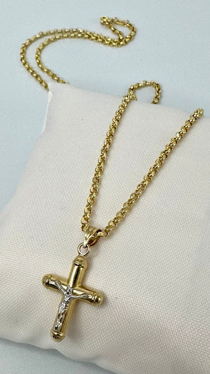 18K GOLD CROSS(1") NECKLACE,Rolo Chain Necklace,Real Gold,Jesus Cross,Crucifix Necklace,Diamond Cut Rolo,Partner Gift,Birthday Gift,For Her.